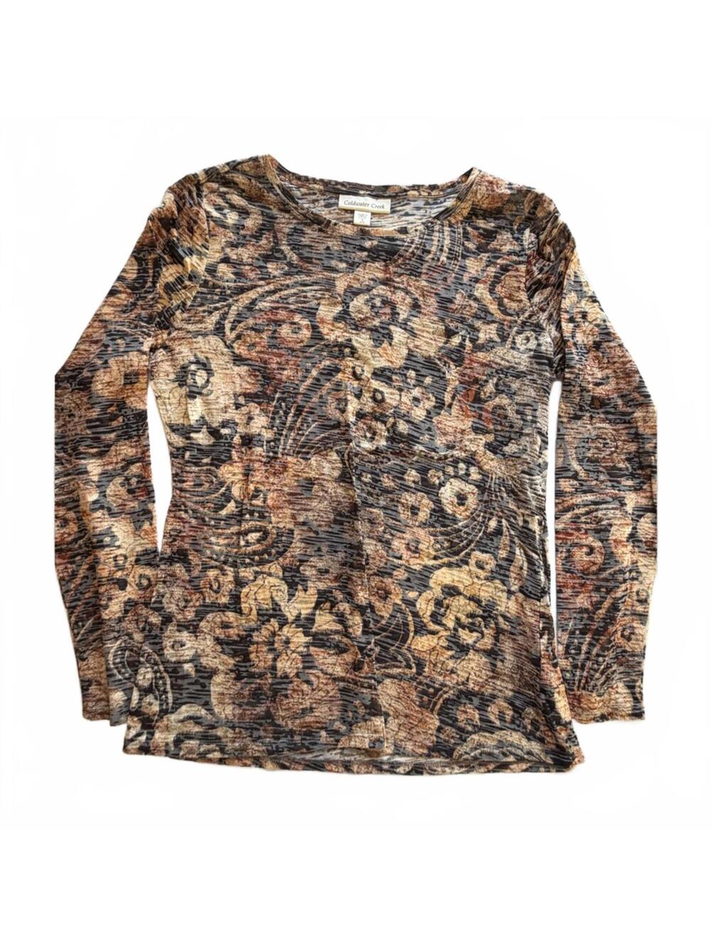 Coldwater Creek Floral Long Sleeve Top – Brown & Tan Classic Print